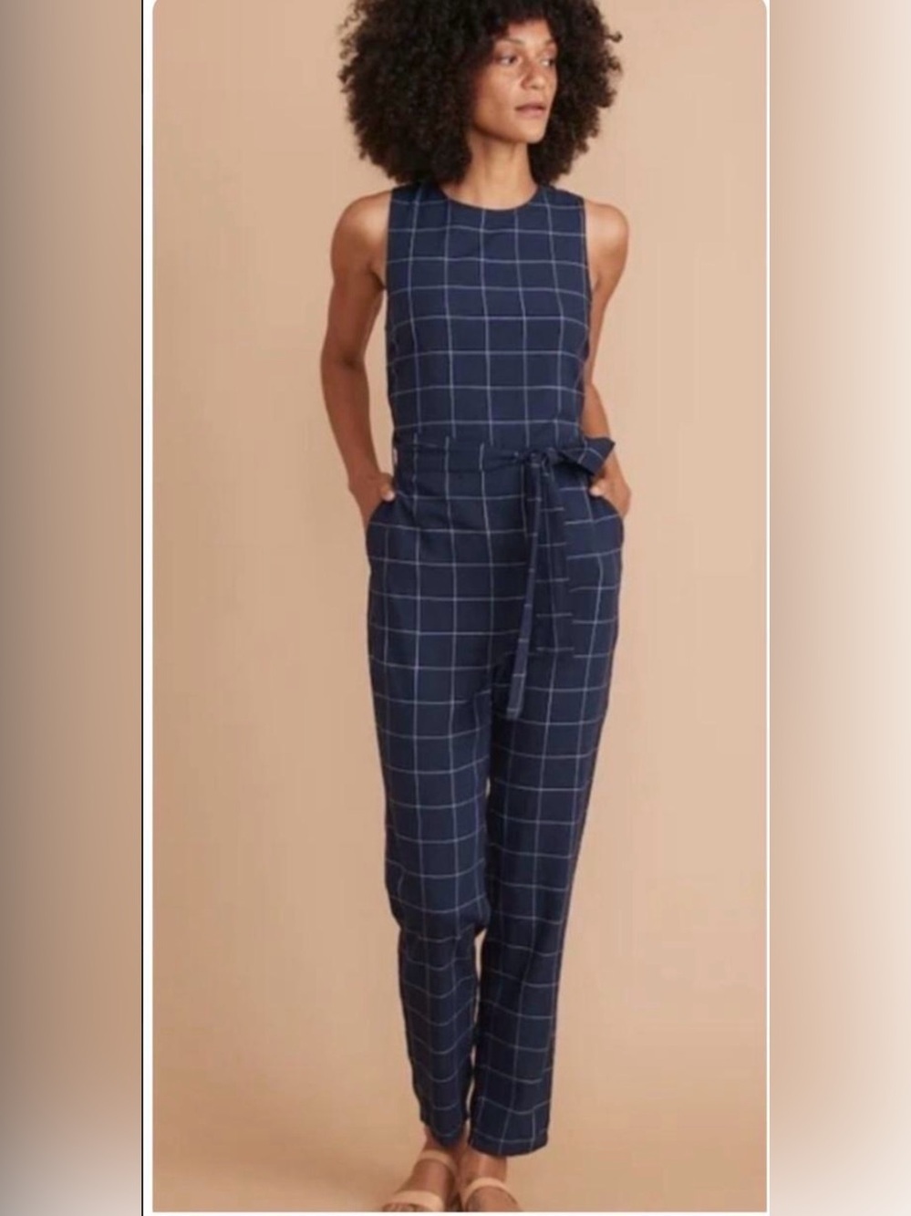 Marine Layer Eliose Jumpsuit XS Windowpane Belted Pockets Smart Casual Navy